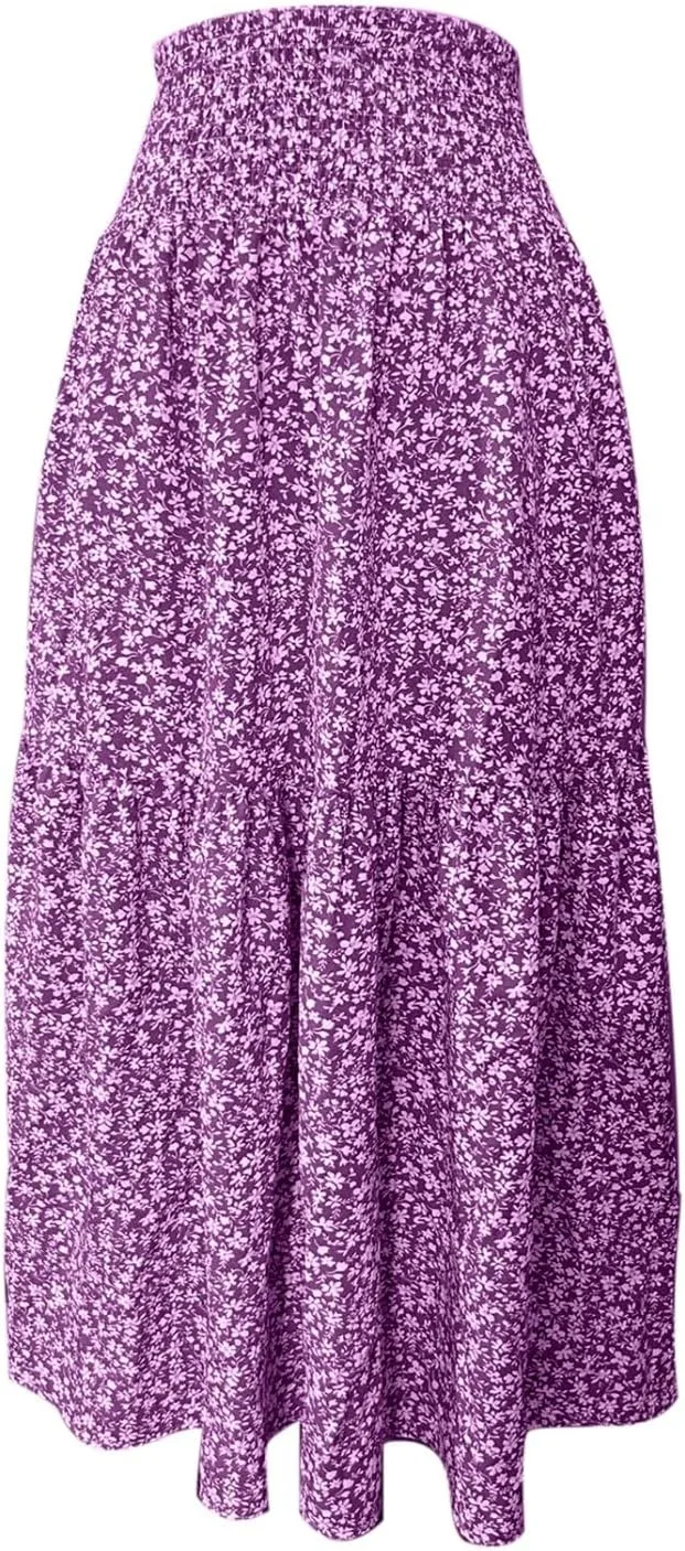 Floral Maxi Skirt for Women Boho A-Line Flowy Swing Long Skirts Elastic High Waisted Comfy Summer Vacation Skirts