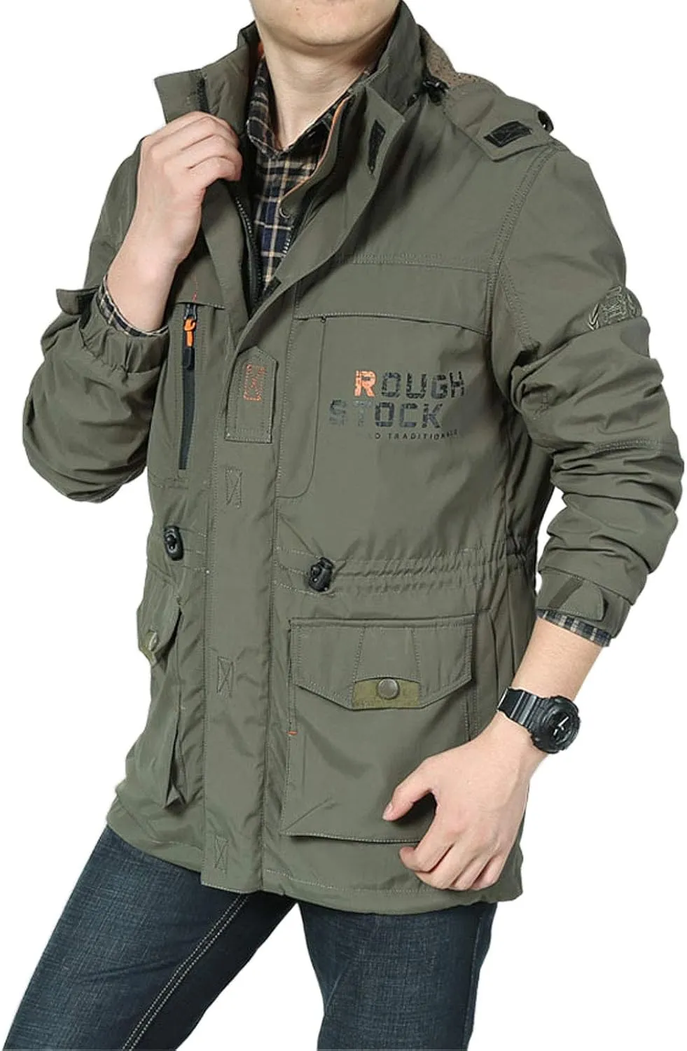Flygo Mens Outdoor Utility Hooded Windproof Military Jacket Windbreaker