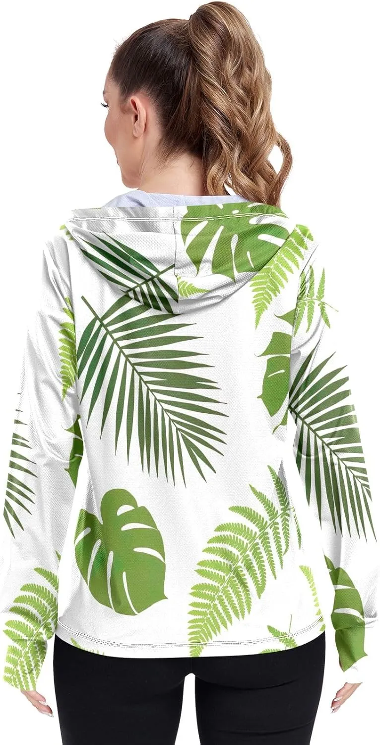 GAIGEO Blue Pink Tropical Leaf White Women Jacket UPF 50  Uv Clothes Women Thumb Holes Neck Protection, XXL