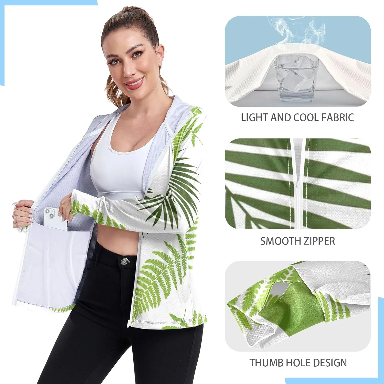 GAIGEO Blue Pink Tropical Leaf White Women Jacket UPF 50  Uv Clothes Women Thumb Holes Neck Protection, XXL