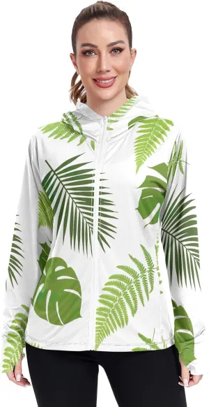 GAIGEO Blue Pink Tropical Leaf White Women Jacket UPF 50  Uv Clothes Women Thumb Holes Neck Protection, XXL