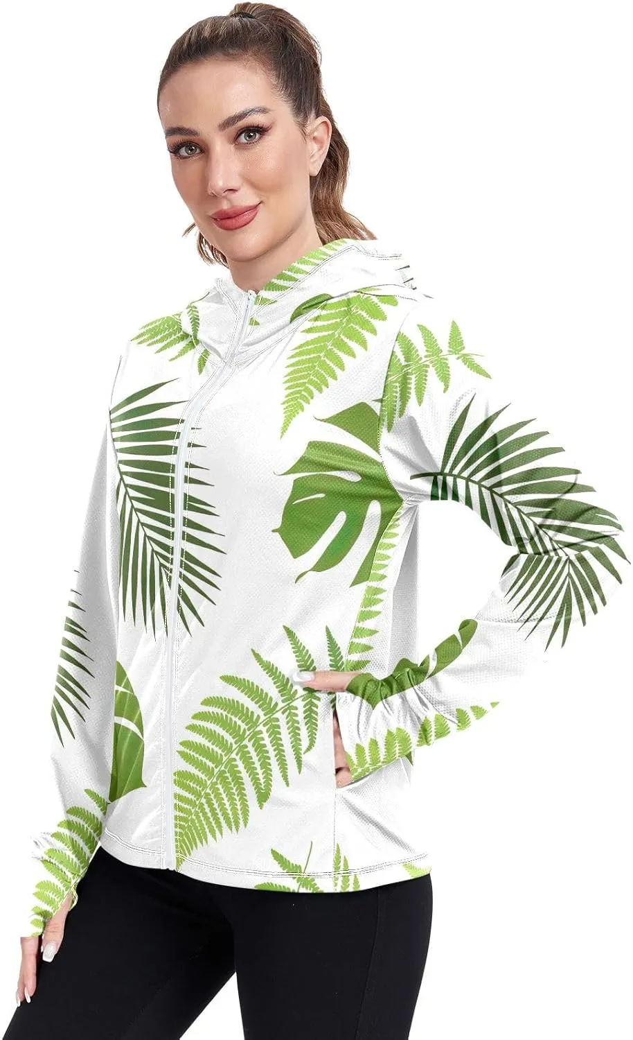 GAIGEO Blue Pink Tropical Leaf White Women Jacket UPF 50  Uv Clothes Women Thumb Holes Neck Protection, XXL