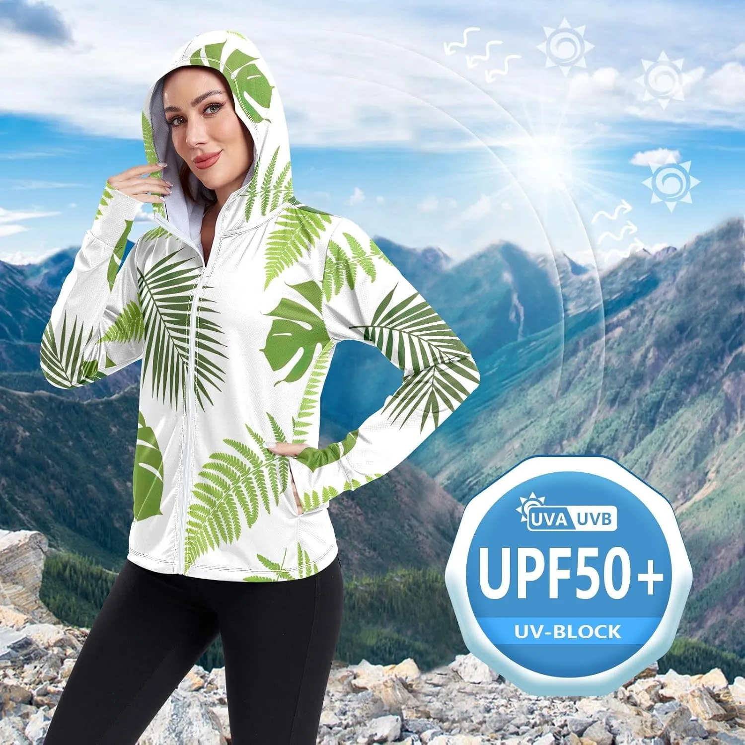 GAIGEO Blue Pink Tropical Leaf White Women Jacket UPF 50  Uv Clothes Women Thumb Holes Neck Protection, XXL