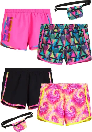 Girls Athletic Shorts - 4 Pack Woven Activewear Dolphin Shorts for Girls with Fanny Pack (Sizes: 4-16)