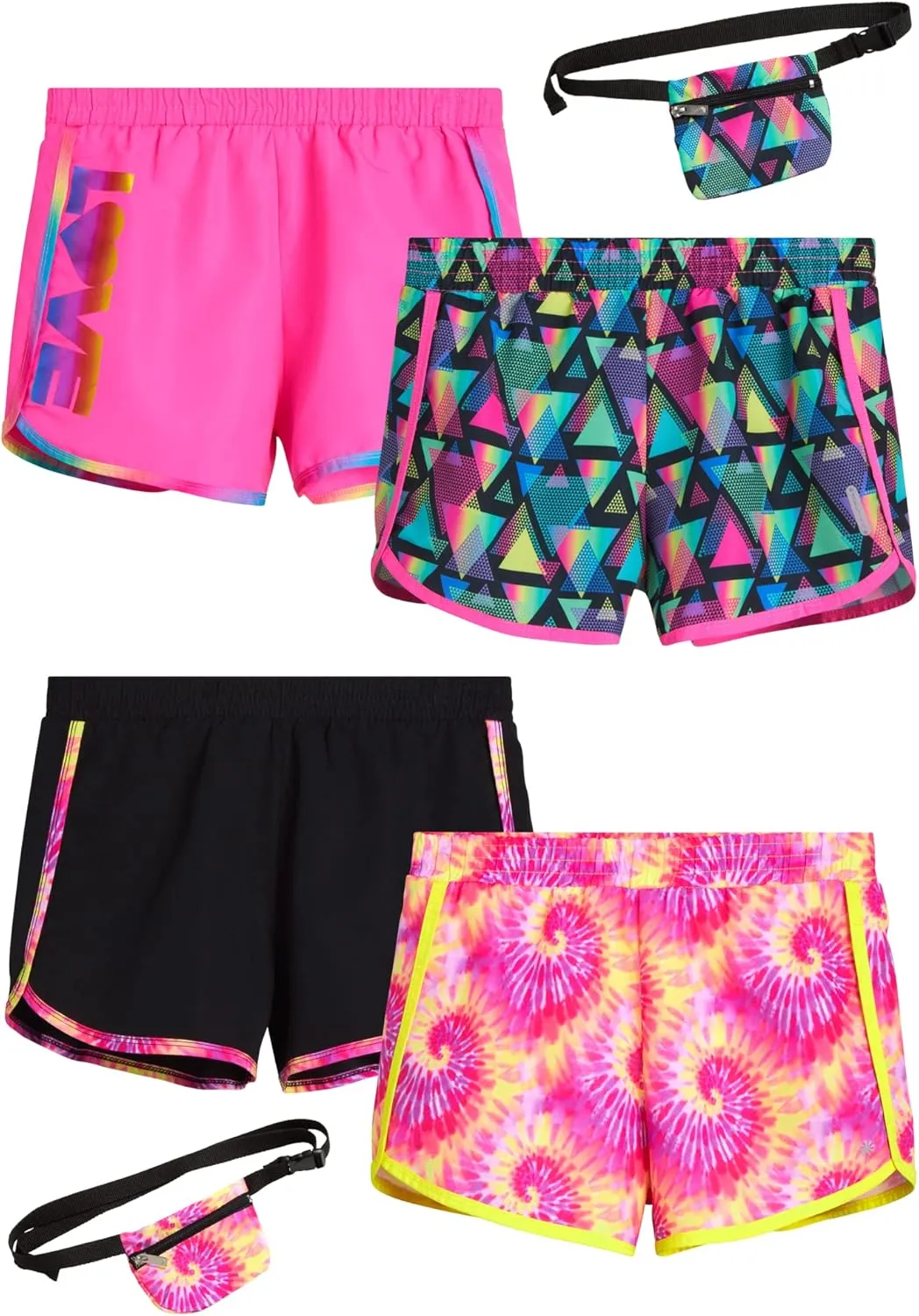 Girls Athletic Shorts - 4 Pack Woven Activewear Dolphin Shorts for Girls with Fanny Pack (Sizes: 4-16)