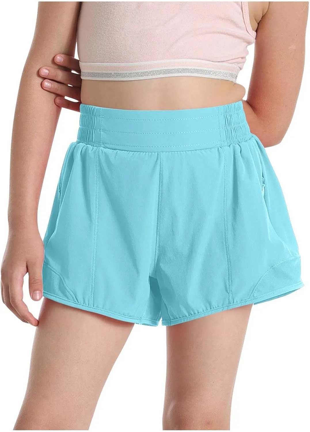 Girls Athletic Shorts Kids Outdoor Running Soccer Gym Shorts Quick Dry High Waisted Activewear with Zipper Pockets
