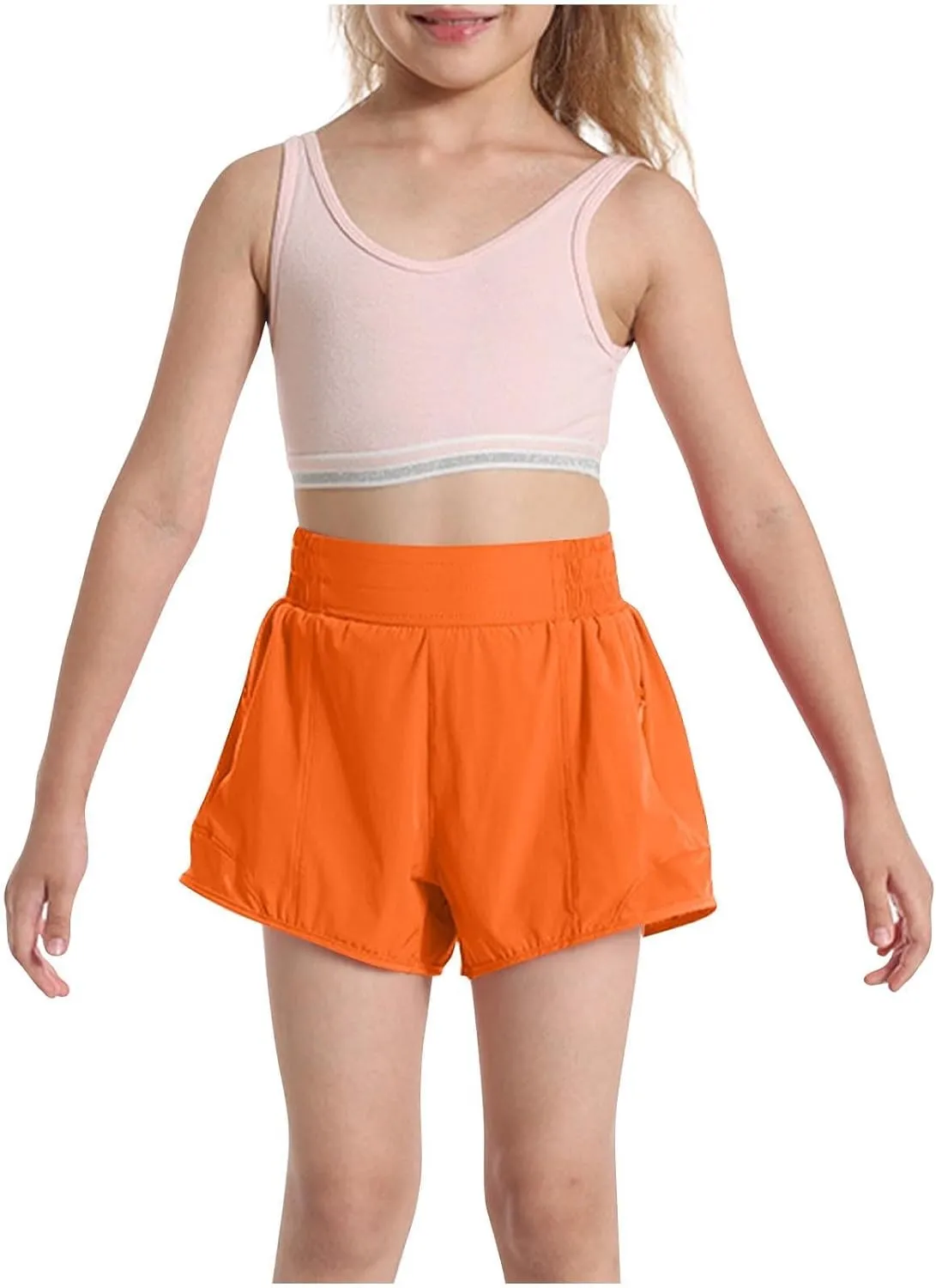 Girls Athletic Shorts Kids Outdoor Running Soccer Gym Shorts Quick Dry High Waisted Activewear with Zipper Pockets