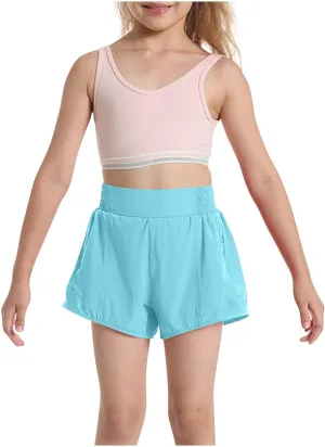 Girls Athletic Shorts Kids Outdoor Running Soccer Gym Shorts Quick Dry High Waisted Activewear with Zipper Pockets