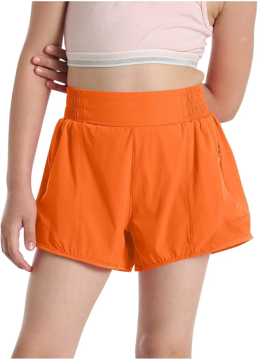 Girls Athletic Shorts Kids Outdoor Running Soccer Gym Shorts Quick Dry High Waisted Activewear with Zipper Pockets