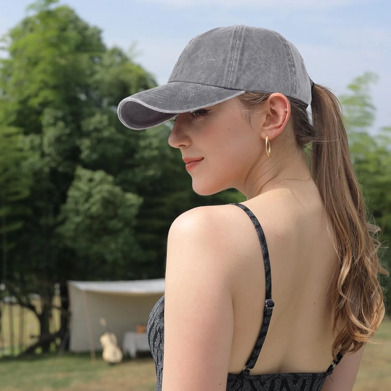 HH HOFNEN Ponytail Hats Womens Washed Distressed Baseball Cap High Ponycaps Cotton Dad Hat with Ponytail Hole