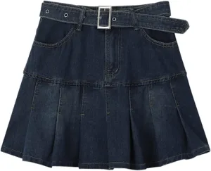High Waist Denim Mini Pleated Skirt with Belt for Women's Summer A-line Skirt (Color : Picture Color, Size : L)