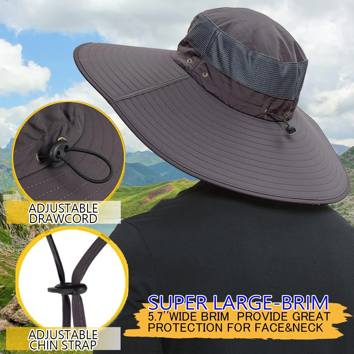 HLLMAN Men's Wide Brim Sun Hat-UPF 50  Protection,Waterproof Bucket Hat for Fishing, Hiking, Camping,Breathable Nylon & Mesh