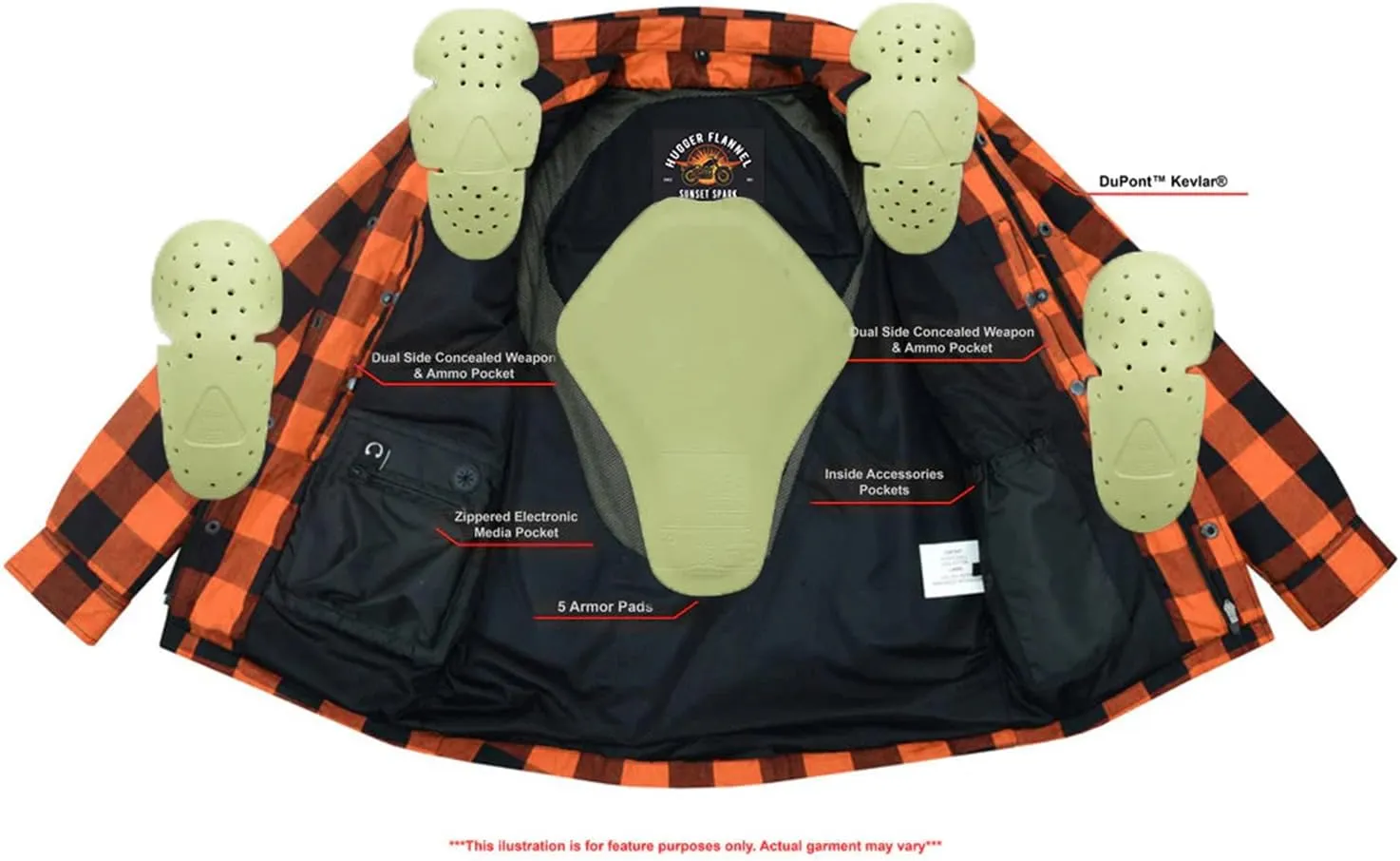 Hugger Men's Motorcycle Shirt Plaid Biker Flannel Jacket Removable Sporty Armored, Zipper and Snap Closure & Water Resistant