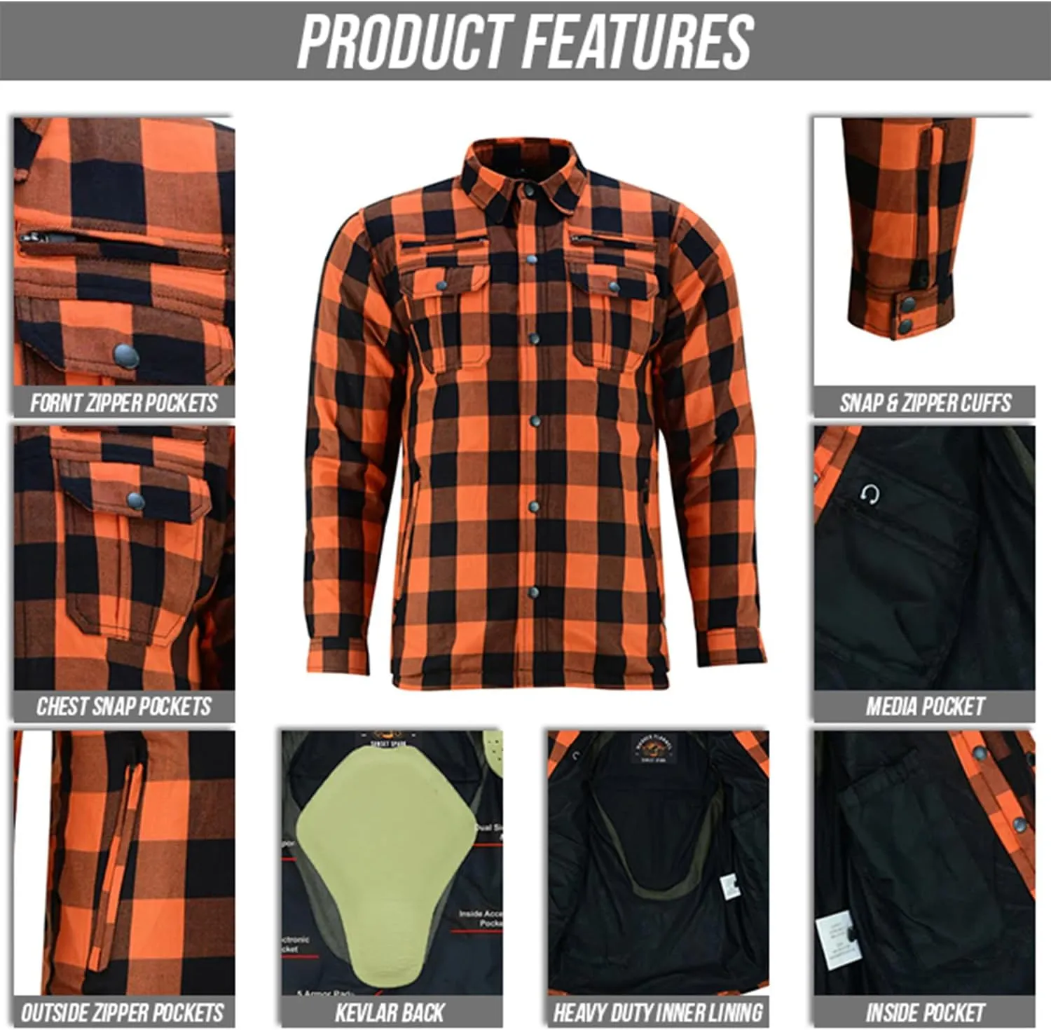 Hugger Men's Motorcycle Shirt Plaid Biker Flannel Jacket Removable Sporty Armored, Zipper and Snap Closure & Water Resistant