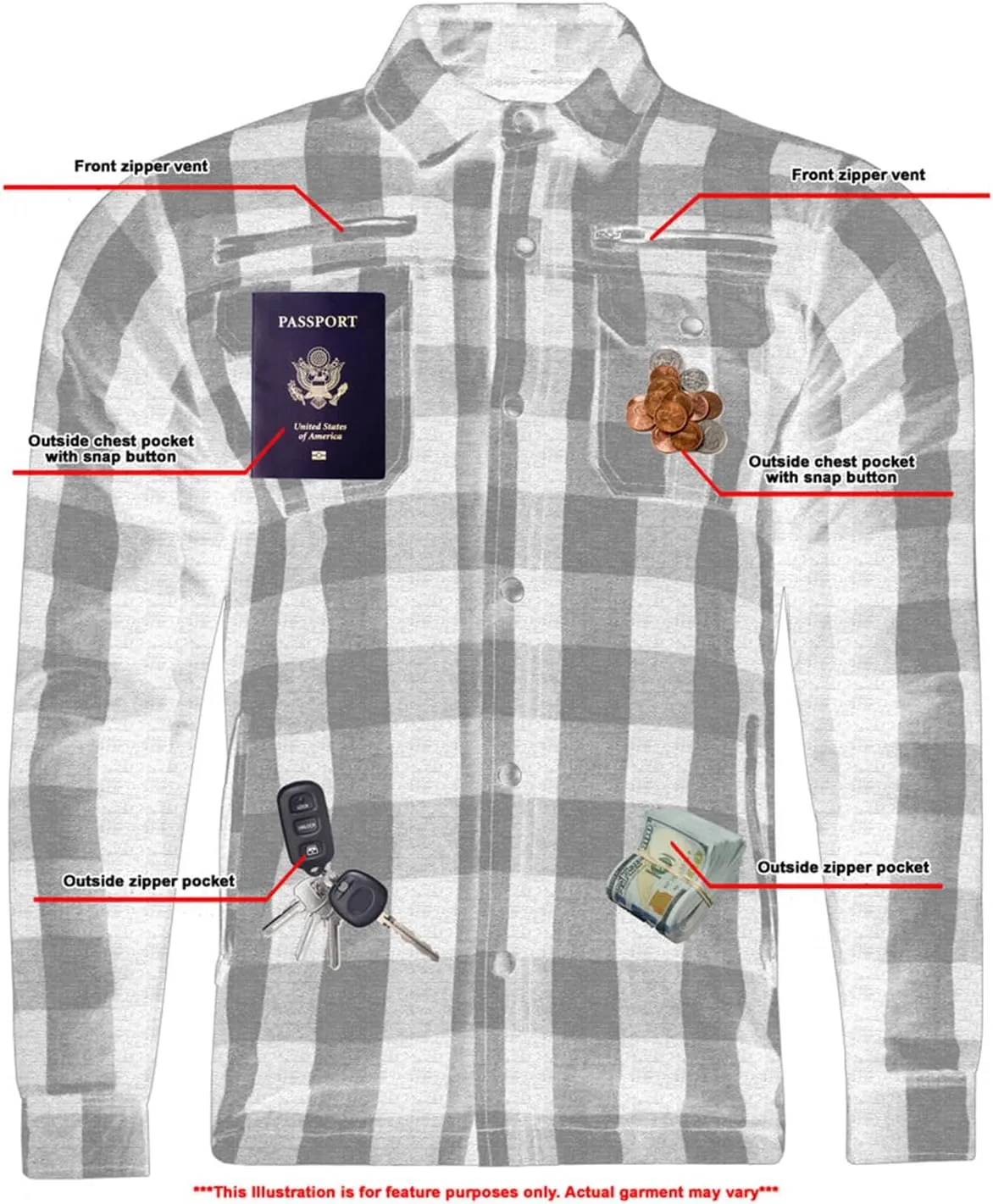 Hugger Men's Motorcycle Shirt Plaid Biker Flannel Jacket Removable Sporty Armored, Zipper and Snap Closure & Water Resistant