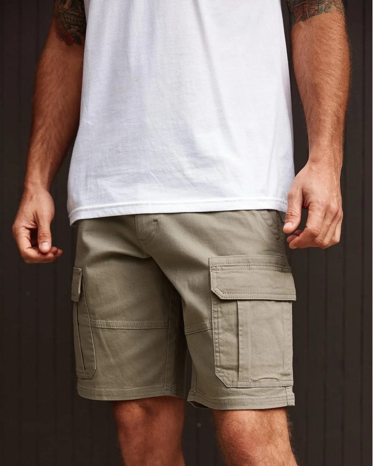 INTO THE AM Cargo Shorts for Men - 10" Inseam Stretch Flex 7 Pocket Work Shorts with Hidden Utility Pocket