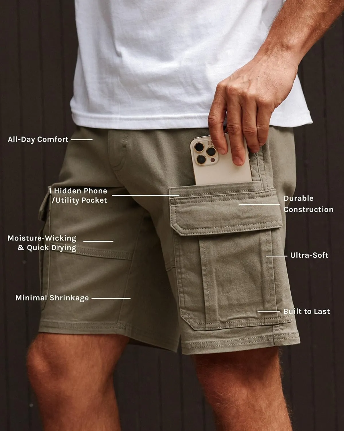 INTO THE AM Cargo Shorts for Men - 10" Inseam Stretch Flex 7 Pocket Work Shorts with Hidden Utility Pocket