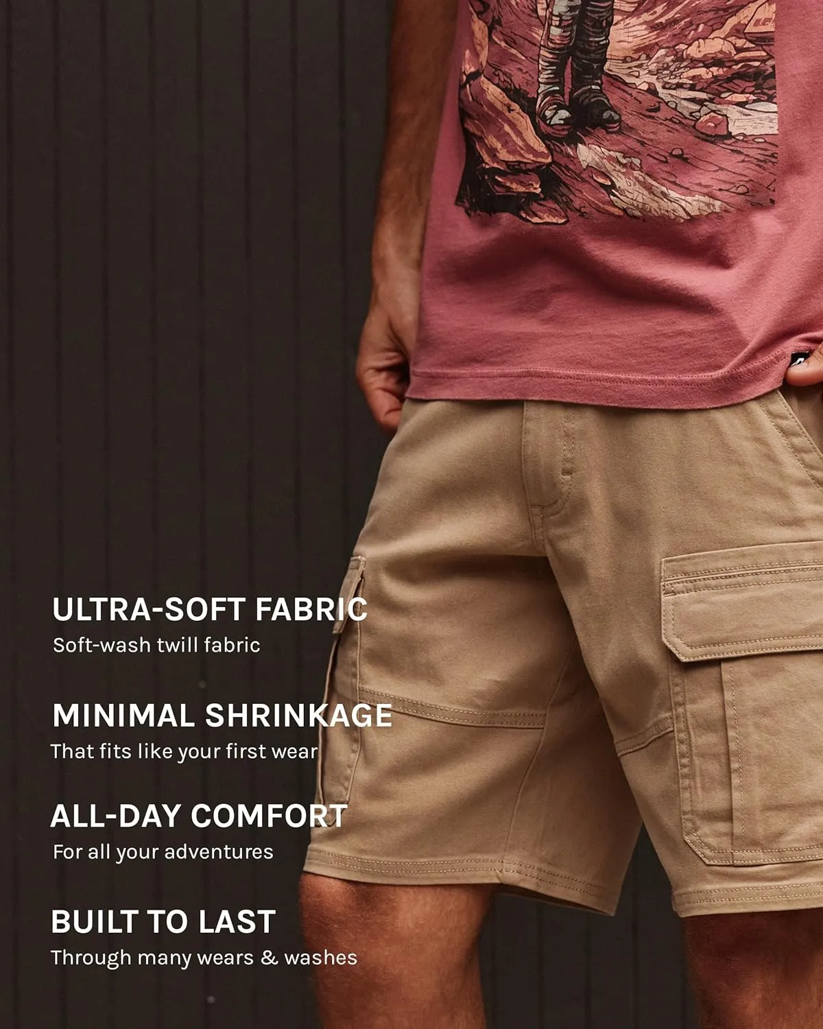 INTO THE AM Cargo Shorts for Men - 10" Inseam Stretch Flex 7 Pocket Work Shorts with Hidden Utility Pocket