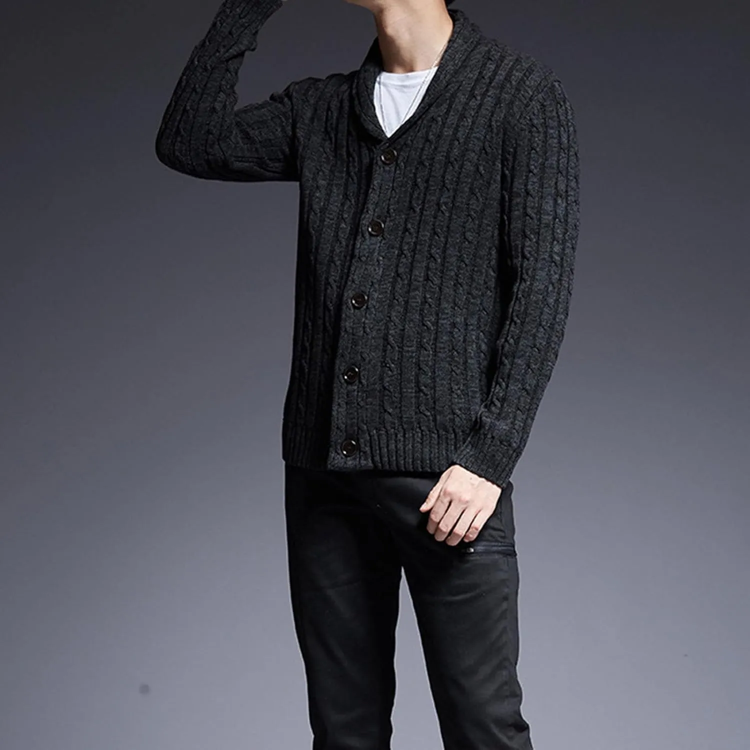 JEsilunmaMY Mens Fall Winter Shawl Collar Sweaters Casual V Neck Button Down Knitted Cardigans Comfortable Chunky Knitwear