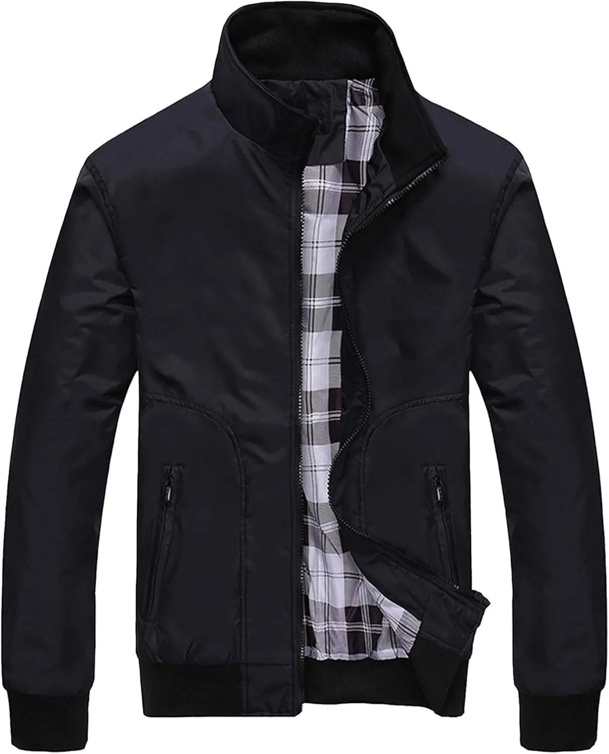 JEsilunmaMY Men's Lightweight Stand Collar Bomber Jacket Full Zip Flannel Baseball Jacket Windproof Sportwear Windbreaker