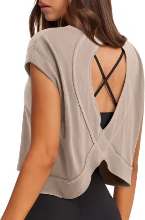 LASLULU Womens Open Back Workout Tops Backless Athletic Shirt Sleeveless Oversized Wrap Crop Tank Tops Running Gym Yoga Tee