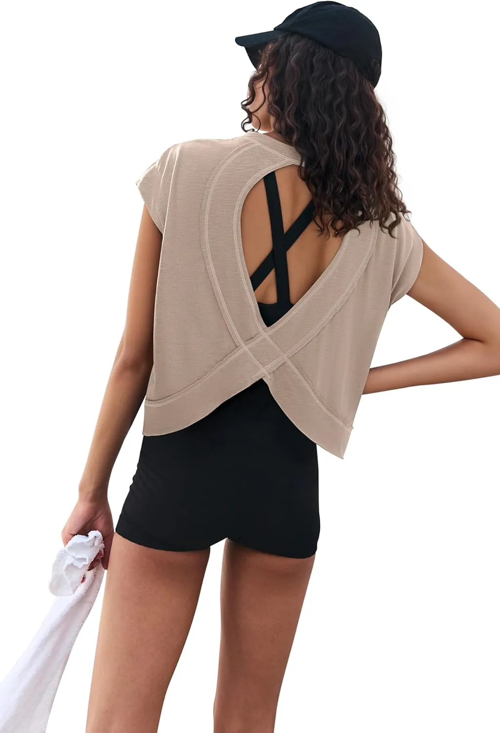 LASLULU Womens Open Back Workout Tops Backless Athletic Shirt Sleeveless Oversized Wrap Crop Tank Tops Running Gym Yoga Tee