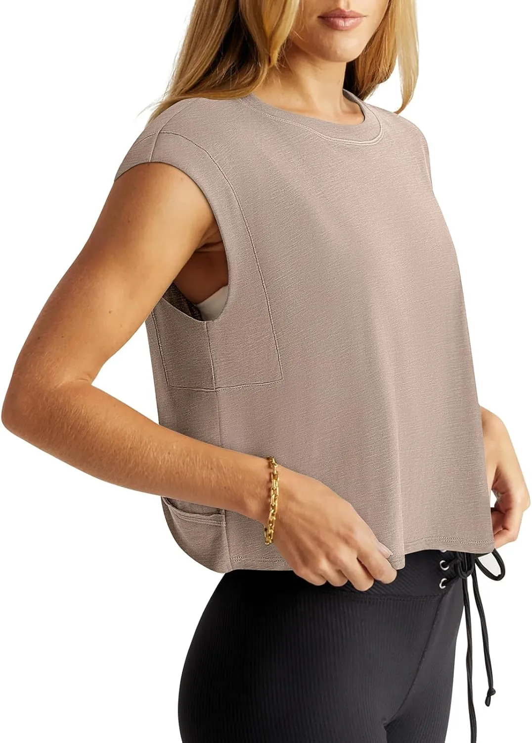 LASLULU Womens Open Back Workout Tops Backless Athletic Shirt Sleeveless Oversized Wrap Crop Tank Tops Running Gym Yoga Tee