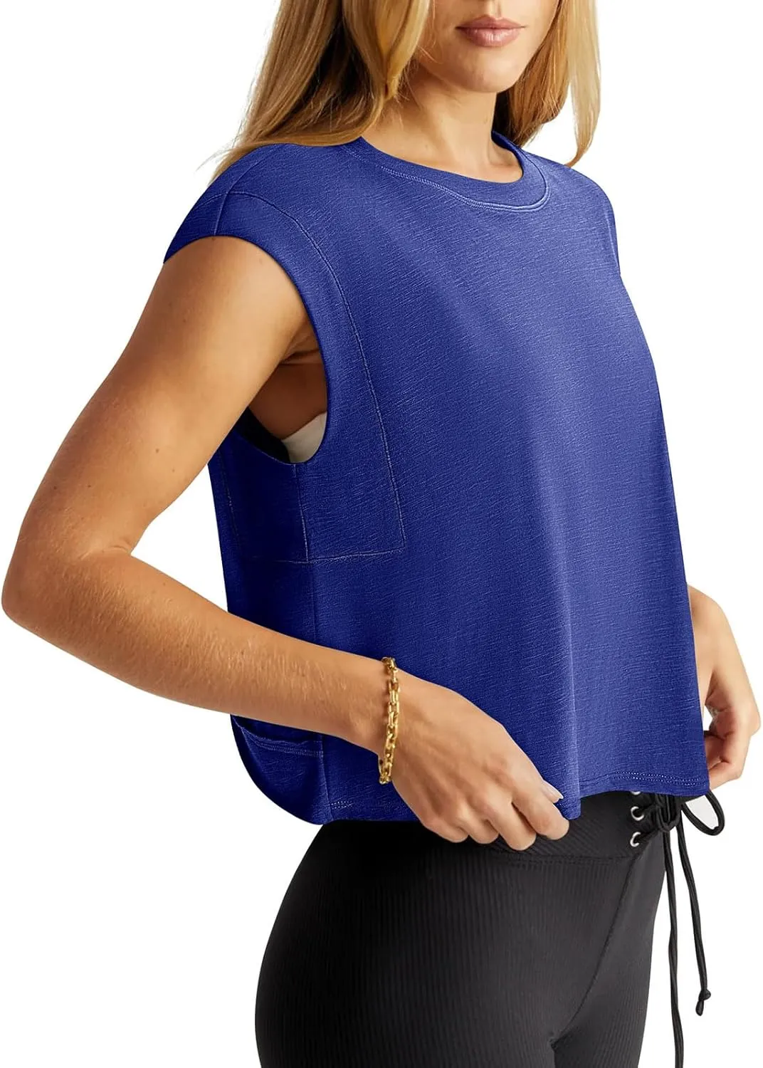 LASLULU Womens Open Back Workout Tops Backless Athletic Shirt Sleeveless Oversized Wrap Crop Tank Tops Running Gym Yoga Tee