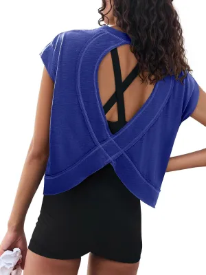 LASLULU Womens Open Back Workout Tops Backless Athletic Shirt Sleeveless Oversized Wrap Crop Tank Tops Running Gym Yoga Tee