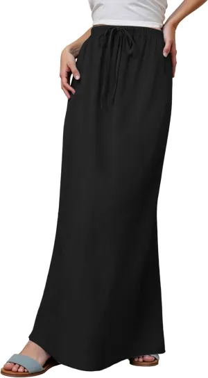 Linen Maxi Skirts for Women Trendy Summer Comfy Drawstring Waist A Line Skirts Cute Vacation Boho Long Flowy Skorts Y2K