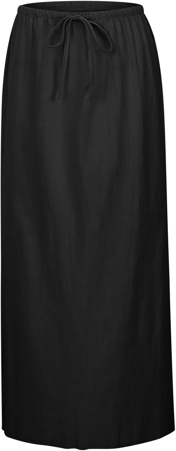 Linen Maxi Skirts for Women Trendy Summer Comfy Drawstring Waist A Line Skirts Cute Vacation Boho Long Flowy Skorts Y2K