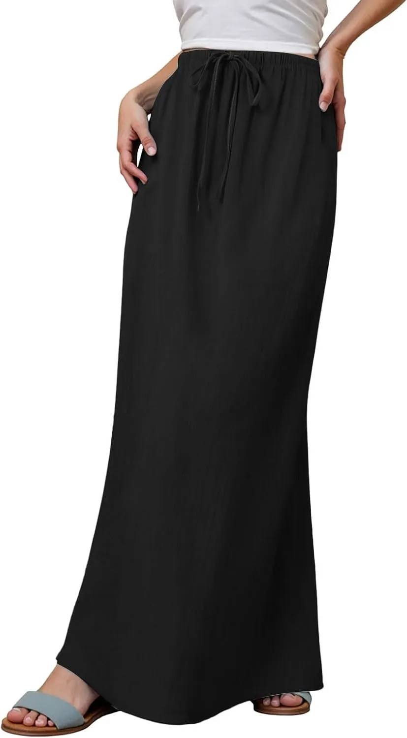 Linen Maxi Skirts for Women Trendy Summer Comfy Drawstring Waist A Line Skirts Cute Vacation Boho Long Flowy Skorts Y2K