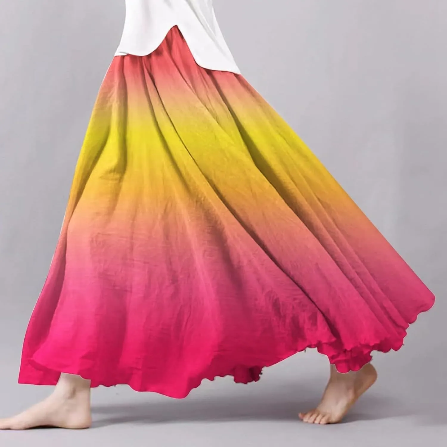 Linen Wrap Skirts for Women Pleated Summer Boho Floral Flowy Skirt Vacation High Waisted Maxi Casual Dress Skorts
