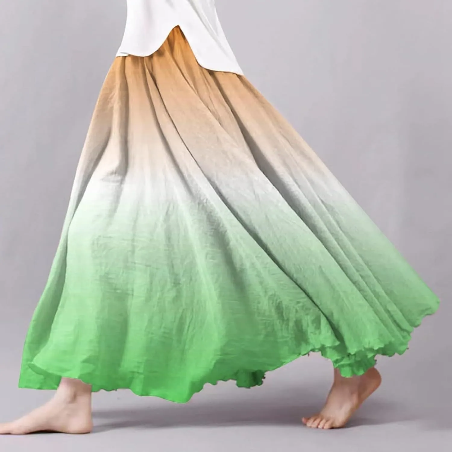 Linen Wrap Skirts for Women Pleated Summer Boho Floral Flowy Skirt Vacation High Waisted Maxi Casual Dress Skorts
