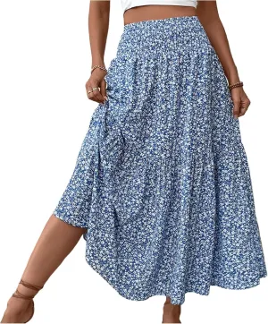 Long Flowy Skirts for Women Summer Elastic Waist Floral Maxi Skirt with Pockets Smocked Ruffle Tiered Boho A Line Skorts