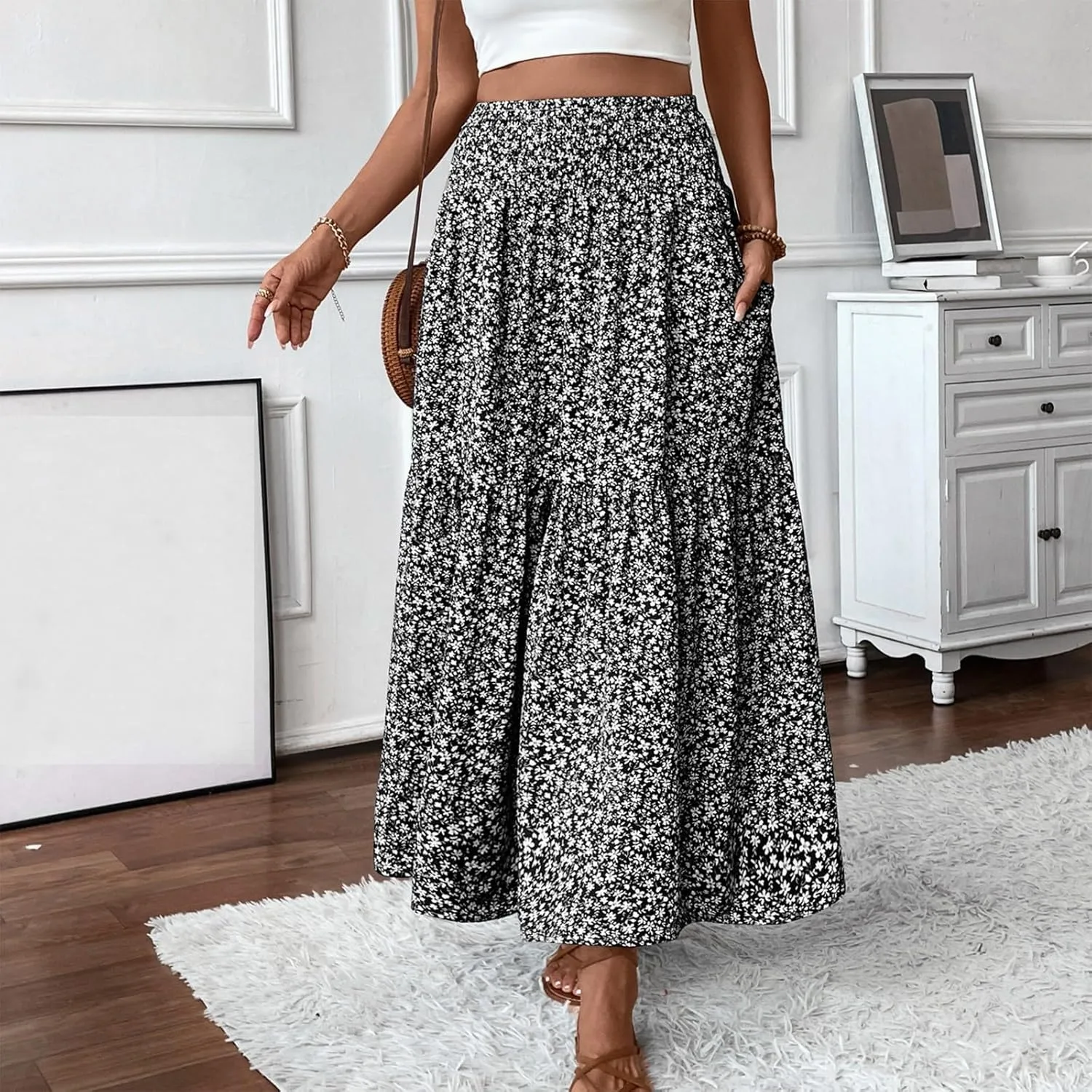 Long Flowy Skirts for Women Summer Elastic Waist Floral Maxi Skirt with Pockets Smocked Ruffle Tiered Boho A Line Skorts
