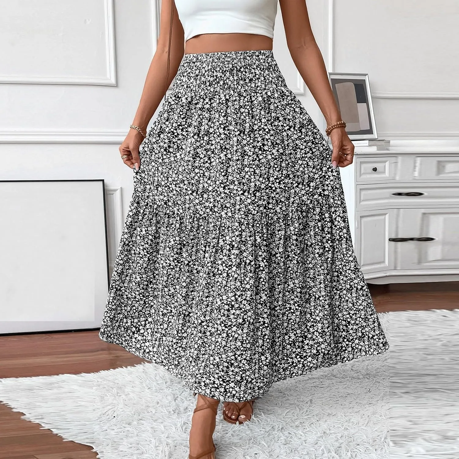 Long Flowy Skirts for Women Summer Elastic Waist Floral Maxi Skirt with Pockets Smocked Ruffle Tiered Boho A Line Skorts
