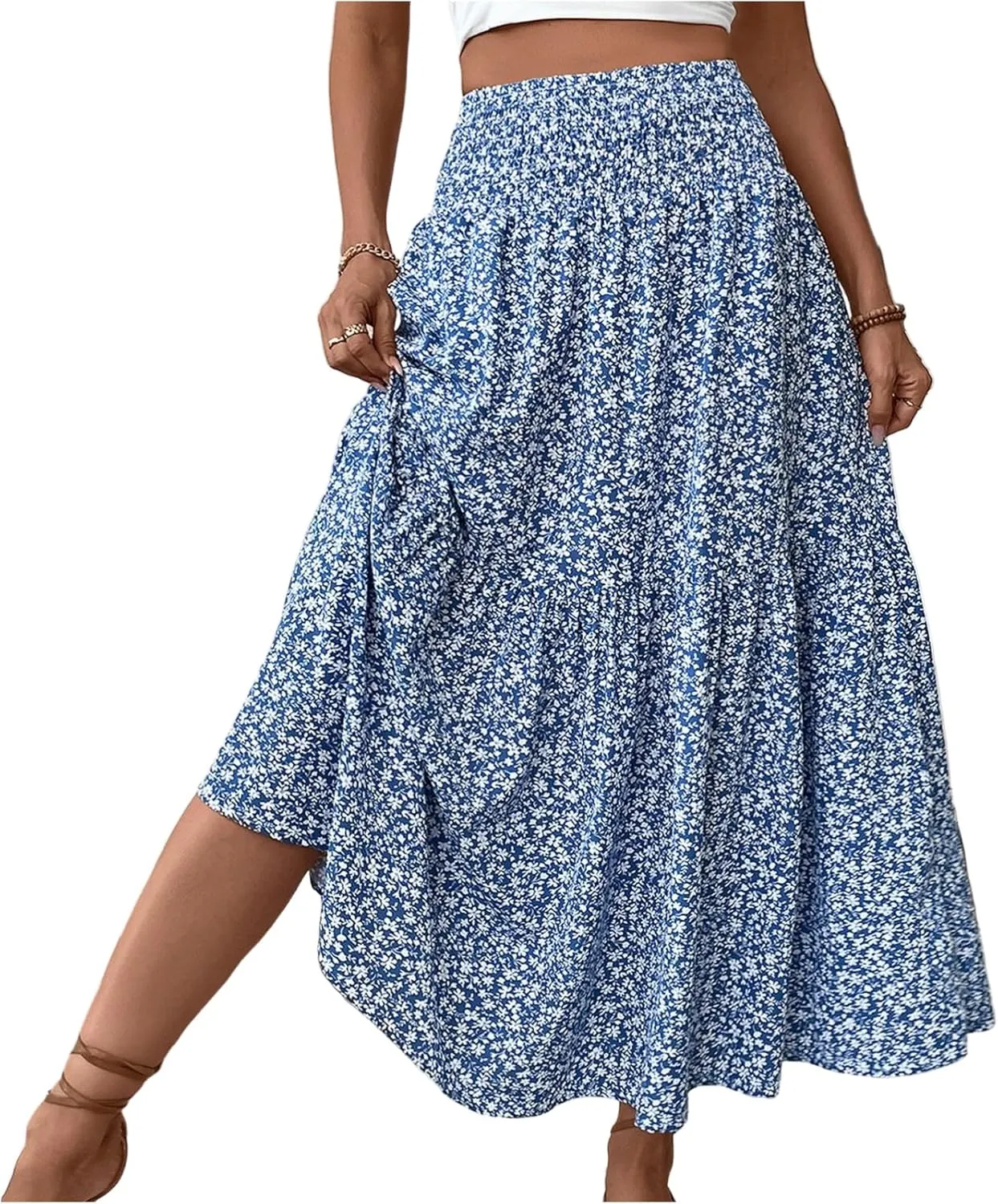 Long Flowy Skirts for Women Summer Elastic Waist Floral Maxi Skirt with Pockets Smocked Ruffle Tiered Boho A Line Skorts