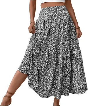 Long Flowy Skirts for Women Summer Elastic Waist Floral Maxi Skirt with Pockets Smocked Ruffle Tiered Boho A Line Skorts