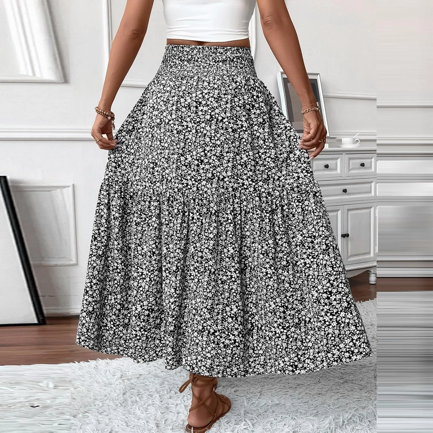 Long Flowy Skirts for Women Summer Elastic Waist Floral Maxi Skirt with Pockets Smocked Ruffle Tiered Boho A Line Skorts