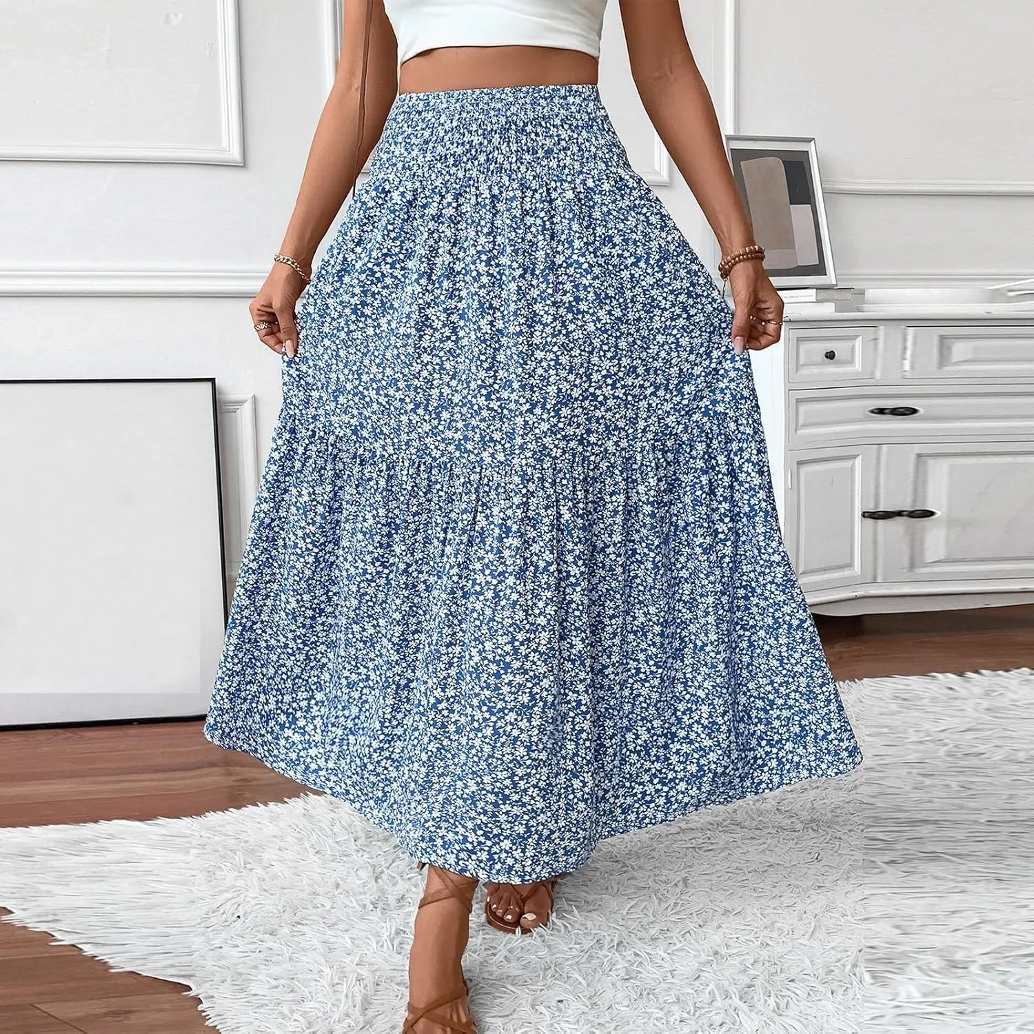 Long Flowy Skirts for Women Summer Elastic Waist Floral Maxi Skirt with Pockets Smocked Ruffle Tiered Boho A Line Skorts