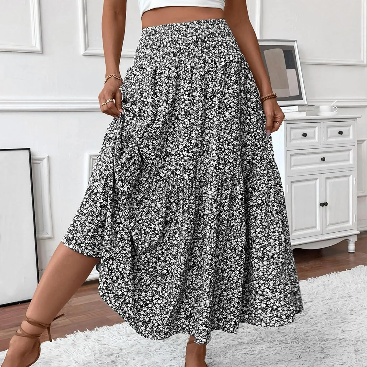 Long Flowy Skirts for Women Summer Elastic Waist Floral Maxi Skirt with Pockets Smocked Ruffle Tiered Boho A Line Skorts