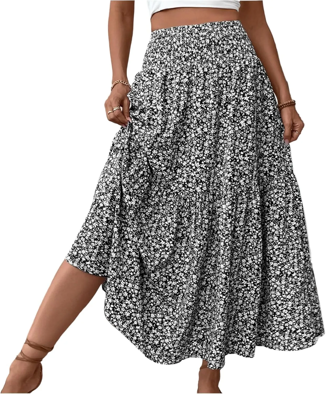 Long Flowy Skirts for Women Summer Elastic Waist Floral Maxi Skirt with Pockets Smocked Ruffle Tiered Boho A Line Skorts
