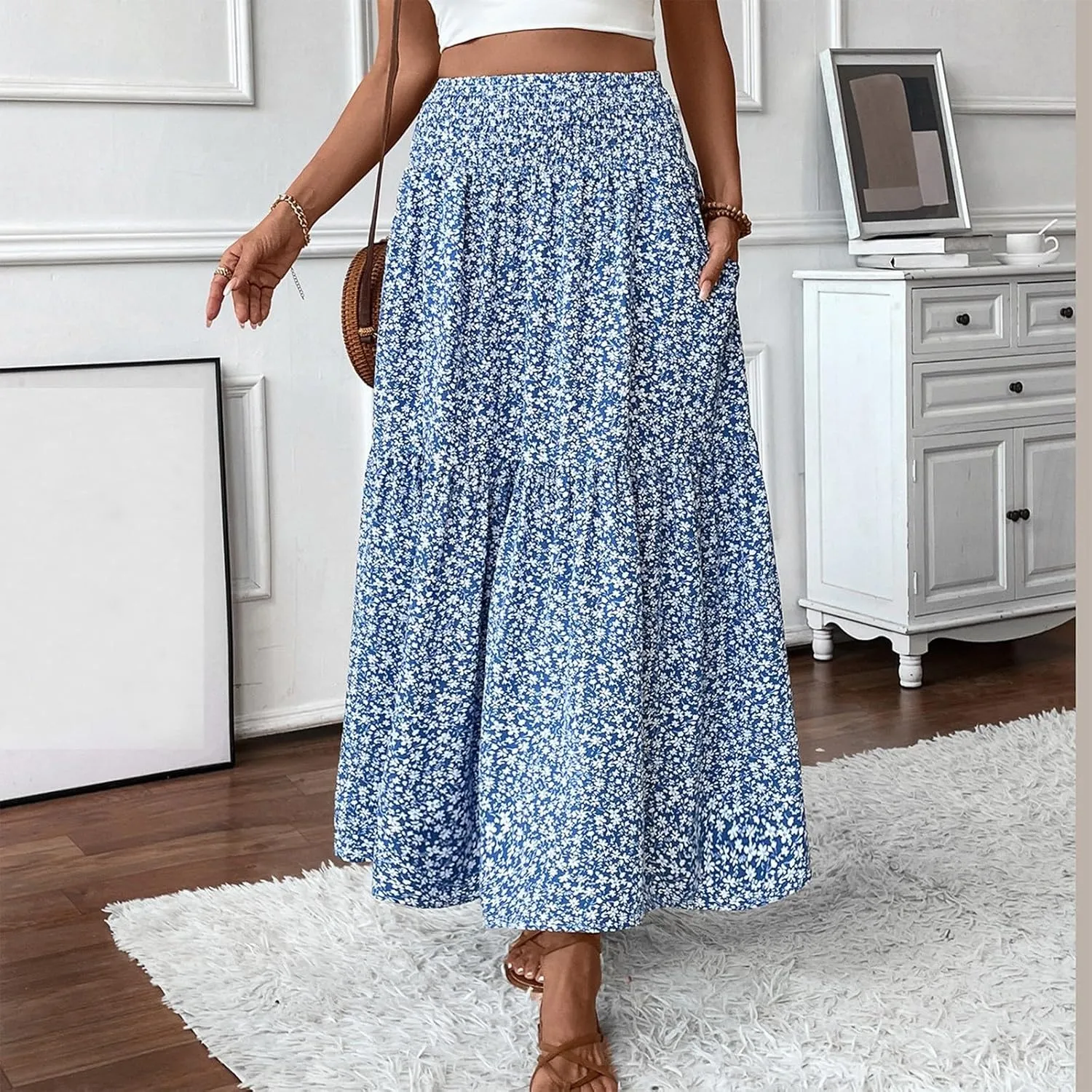 Long Flowy Skirts for Women Summer Elastic Waist Floral Maxi Skirt with Pockets Smocked Ruffle Tiered Boho A Line Skorts