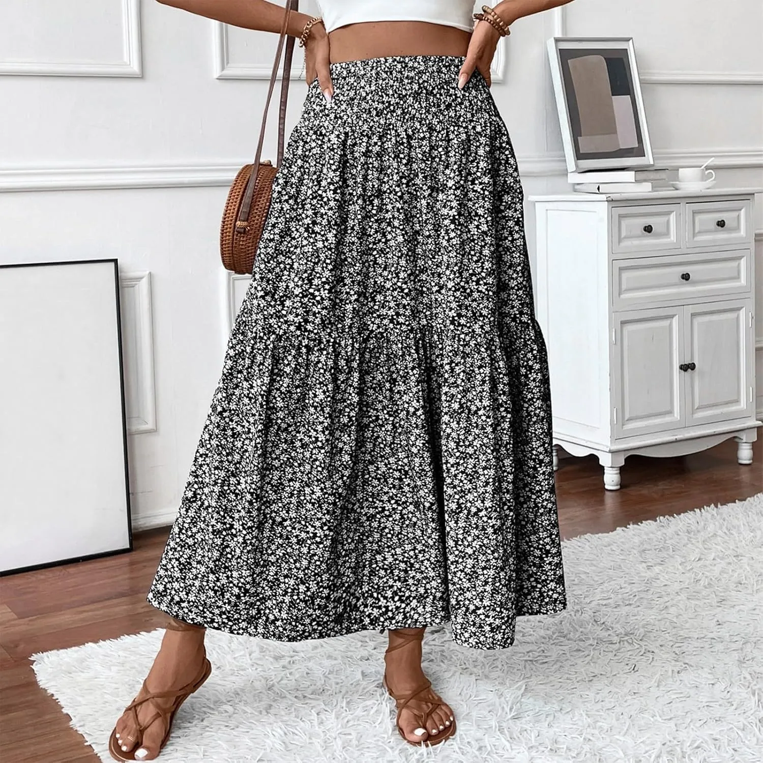Long Flowy Skirts for Women Summer Elastic Waist Floral Maxi Skirt with Pockets Smocked Ruffle Tiered Boho A Line Skorts