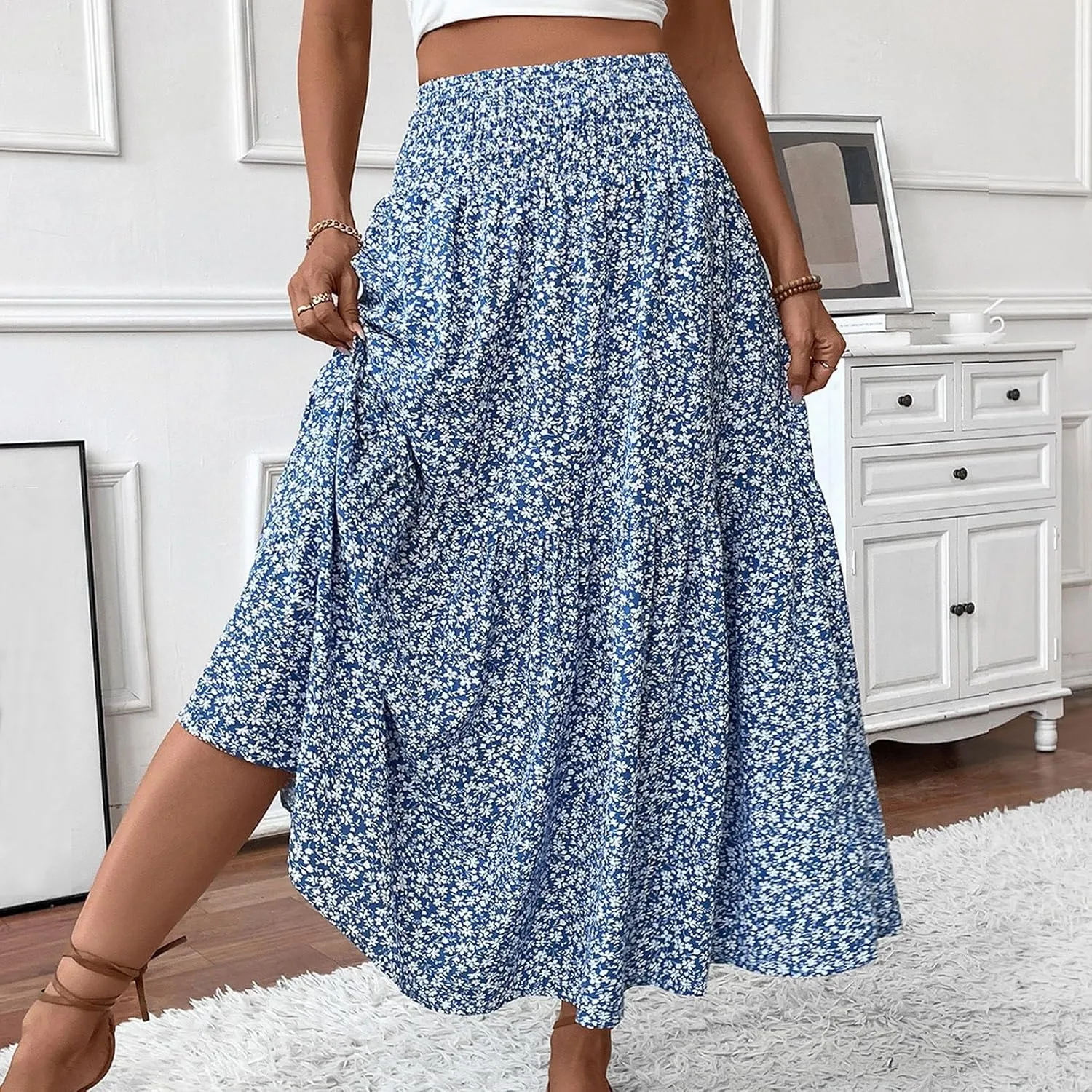 Long Flowy Skirts for Women Summer Elastic Waist Floral Maxi Skirt with Pockets Smocked Ruffle Tiered Boho A Line Skorts