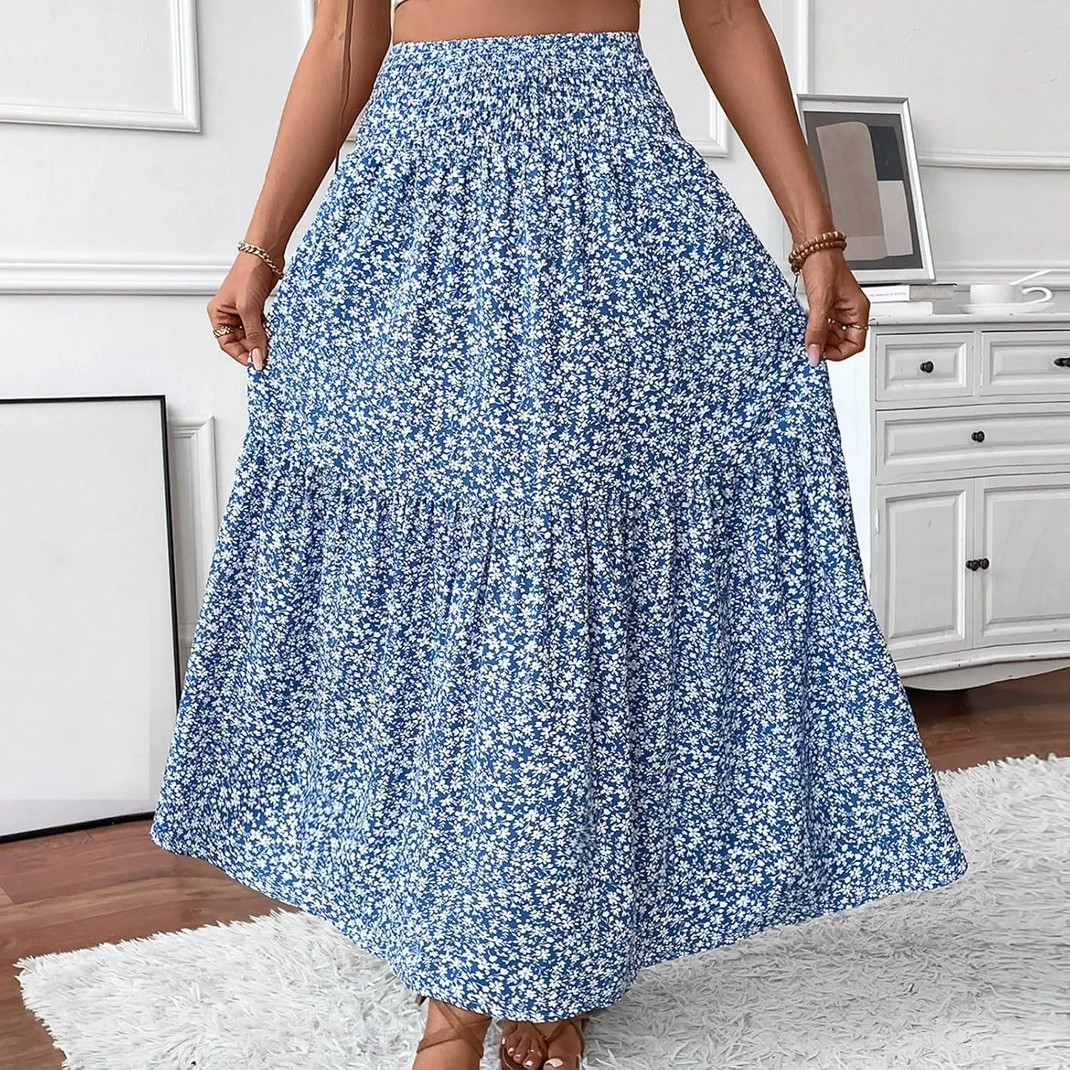 Long Flowy Skirts for Women Summer Elastic Waist Floral Maxi Skirt with Pockets Smocked Ruffle Tiered Boho A Line Skorts