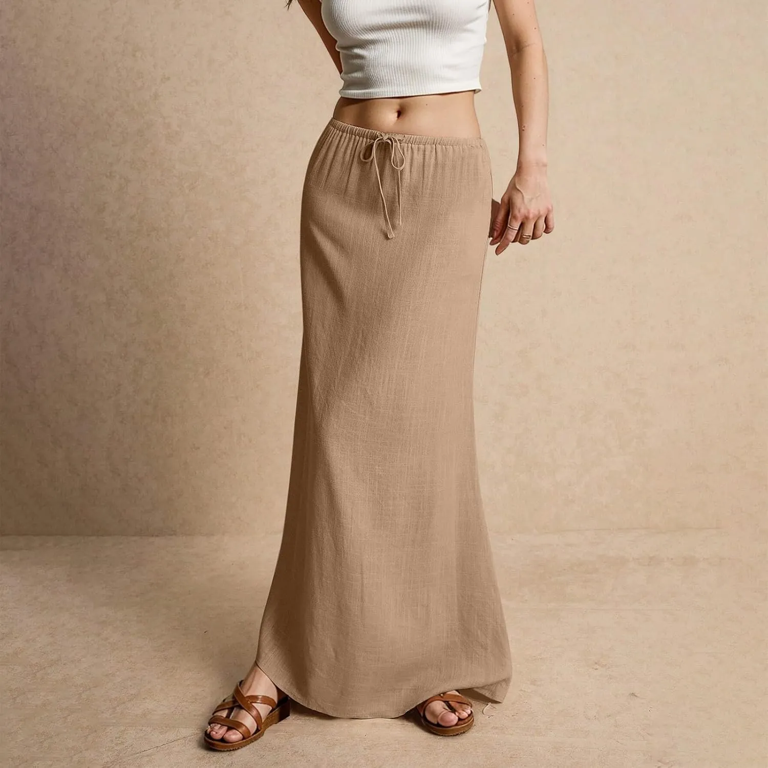 Long Flowy Skirts for Women Summer Womens Linen Maxi Skirt with Slit Comfy Drawstring Low Rise Skirts Plus Size