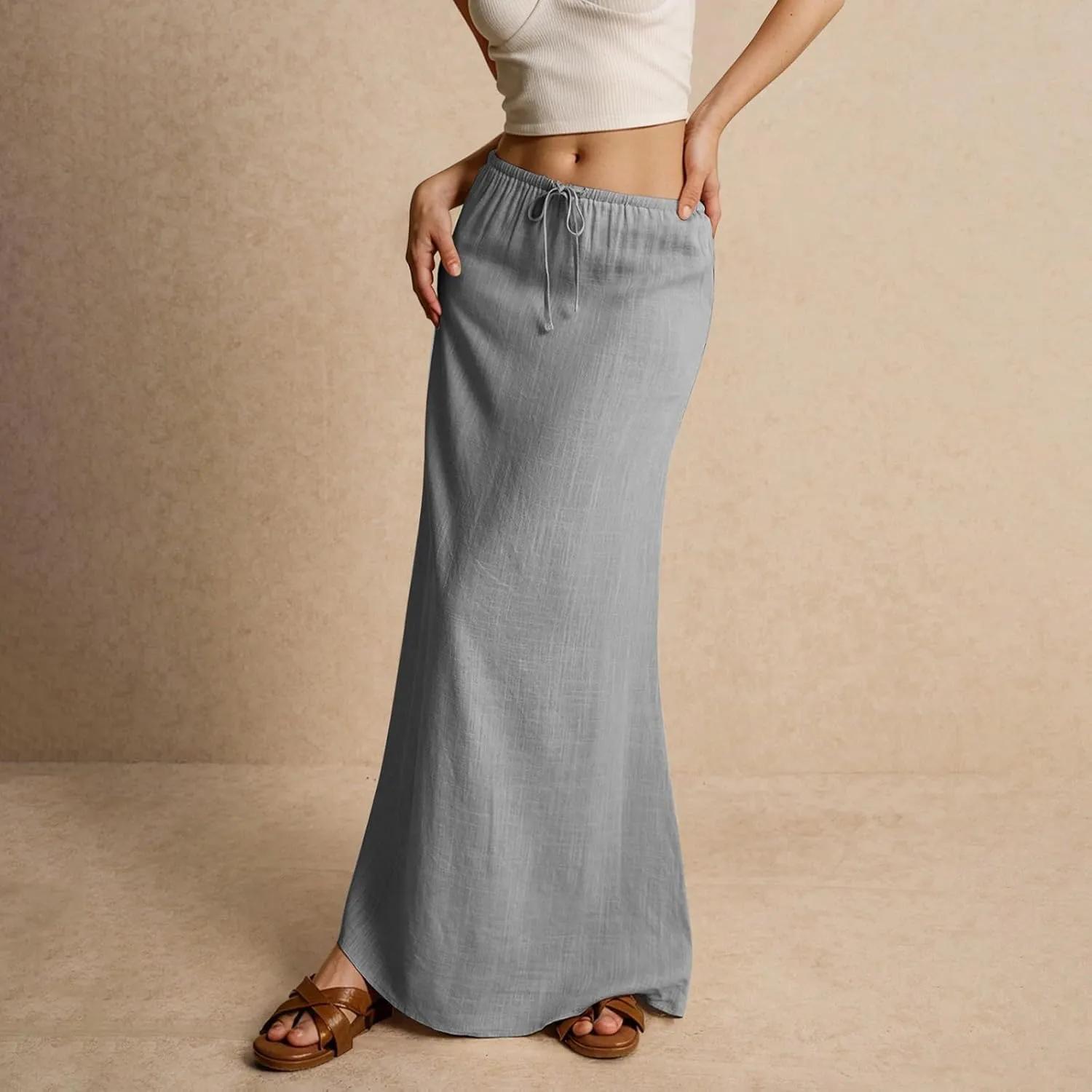 Long Flowy Skirts for Women Summer Womens Linen Maxi Skirt with Slit Comfy Drawstring Low Rise Skirts Plus Size
