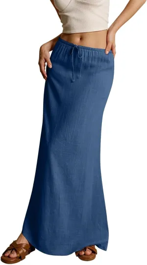 Long Flowy Skirts for Women Summer Womens Linen Maxi Skirt with Slit Comfy Drawstring Low Rise Skirts Plus Size